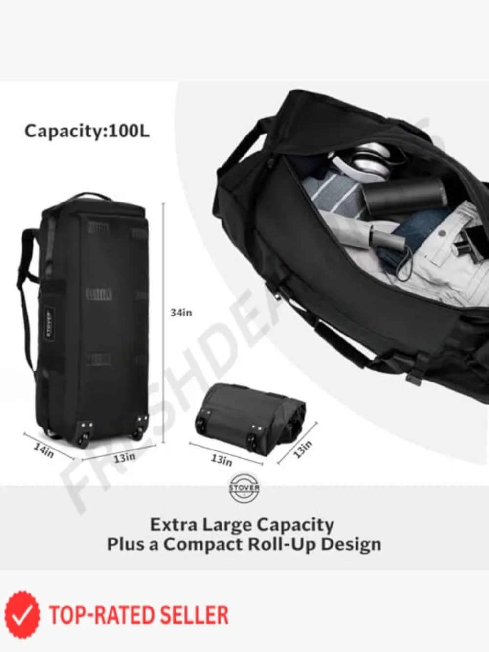 100L Rolling Duffel Bag with Wheels Heavy Duty Travel Luggage Backpack Straps